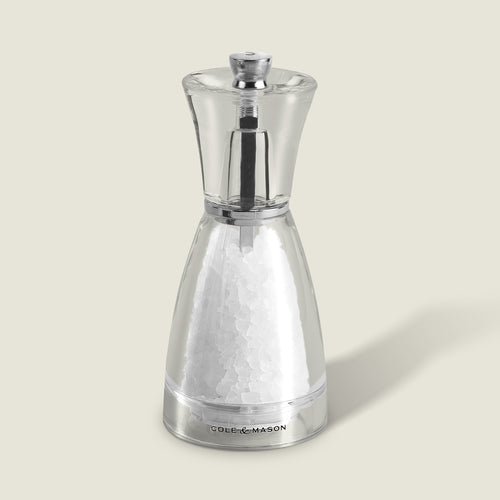 #salt
The Cole & Mason Pina Salt Grinder features a clear acrylic design, a silver knob, coarse salt inside, and the brand logo at the base, all from the Pina Salt & Pepper Mills collection.