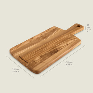 The Cole & Mason Portobello Olive Wood Serving Board & Pinch Pot Set is shown on a light background, featuring a handle with hanging hole. Dimensions: 420mm x 210mm x 20mm—ideal for pinch pots and stylish tray setups.