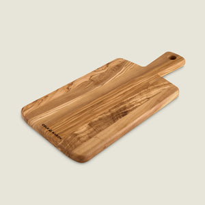The Cole & Mason Portobello Mills Tray & Small Serving Board features a rectangular Italian olive wood design with a handle, hanging hole, and natural grain finish. "Cole & Mason" is engraved in one corner; pairs perfectly with salt and pepper mills.