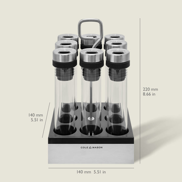 The Shadwell Countertop Spice Storage by Cole & Mason features eight airtight glass tubes with metal lids in a sleek black and silver stand—perfect for stylish, organized countertop storage (220mm H x 140mm W x 140mm D).