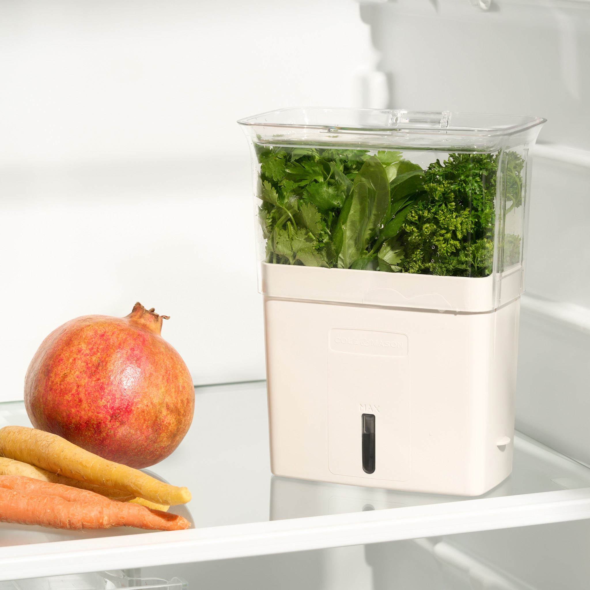 A pomegranate and two carrots sit on a glass shelf inside a refrigerator next to a white container filled with fresh green leafy vegetables, with a clear lid on top.