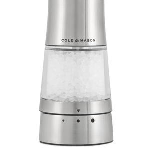 A stainless steel Electric Derwent Salt & Pepper Mill by Cole & Mason, prefilled with coarse salt and featuring adjustable grind settings at the base, delivers effortless and precise seasoning with a blend of style and convenience.