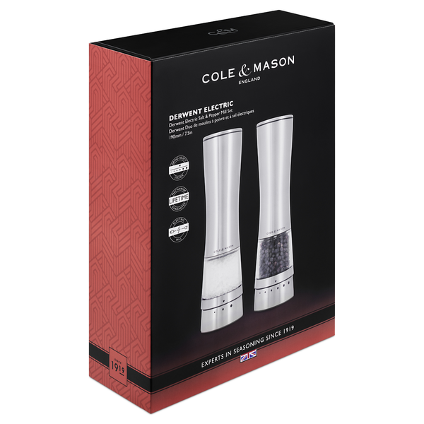 Box of Cole & Mason Electric Derwent Salt & Pepper Mills, featuring two stylish stainless steel electric grinders with visible salt and pepper contents, displayed in branded black and red retail packaging.